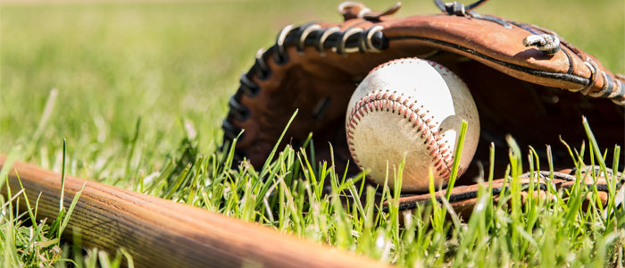 baseball in a mitt laying next to a bat in the grass